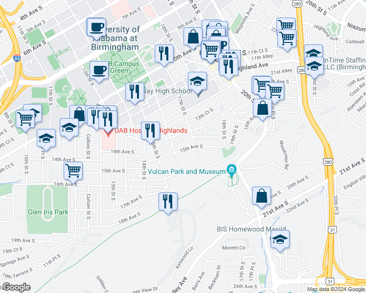 map of restaurants, bars, coffee shops, grocery stores, and more near 1529 15th Avenue South in Birmingham