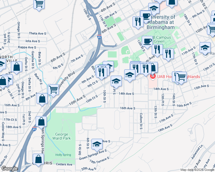 map of restaurants, bars, coffee shops, grocery stores, and more near 1136 10th Place South in Birmingham