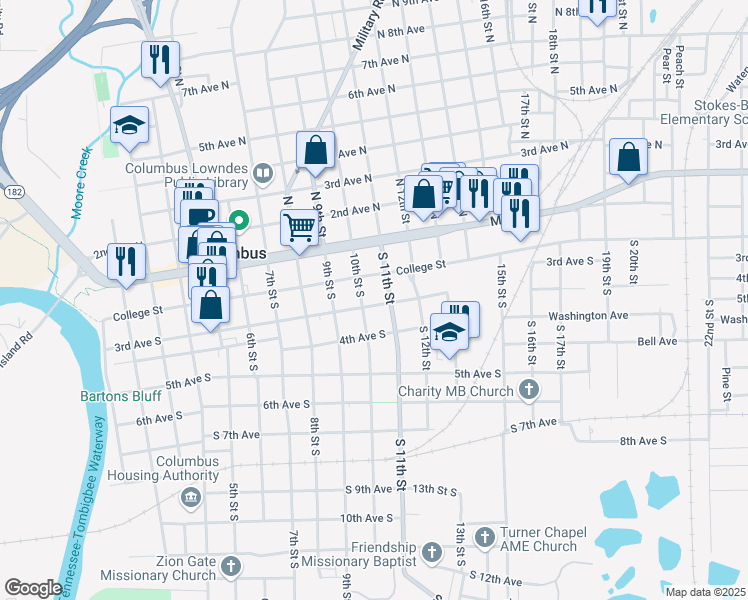 map of restaurants, bars, coffee shops, grocery stores, and more near 302 South 11th Street in Columbus