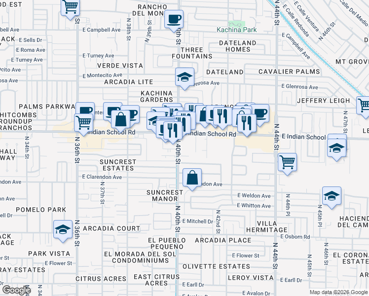 map of restaurants, bars, coffee shops, grocery stores, and more near 4017 North 40th Street in Phoenix