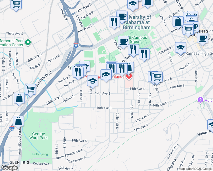 map of restaurants, bars, coffee shops, grocery stores, and more near 1115 11th Street South in Birmingham