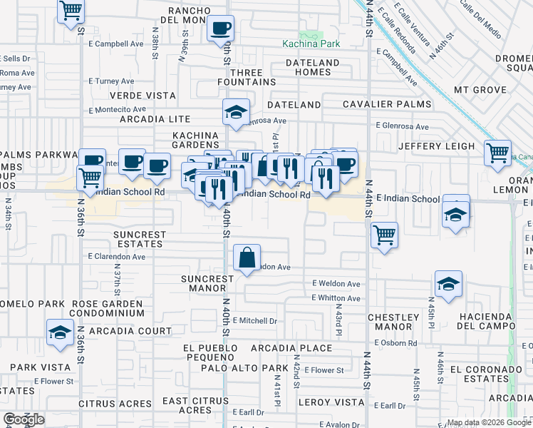 map of restaurants, bars, coffee shops, grocery stores, and more near 4115 East Indian School Road in Phoenix