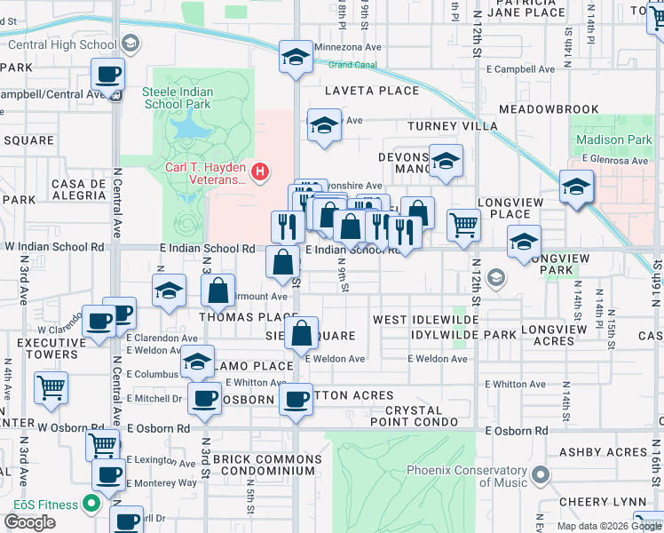 map of restaurants, bars, coffee shops, grocery stores, and more near 810 East Amelia Avenue in Phoenix