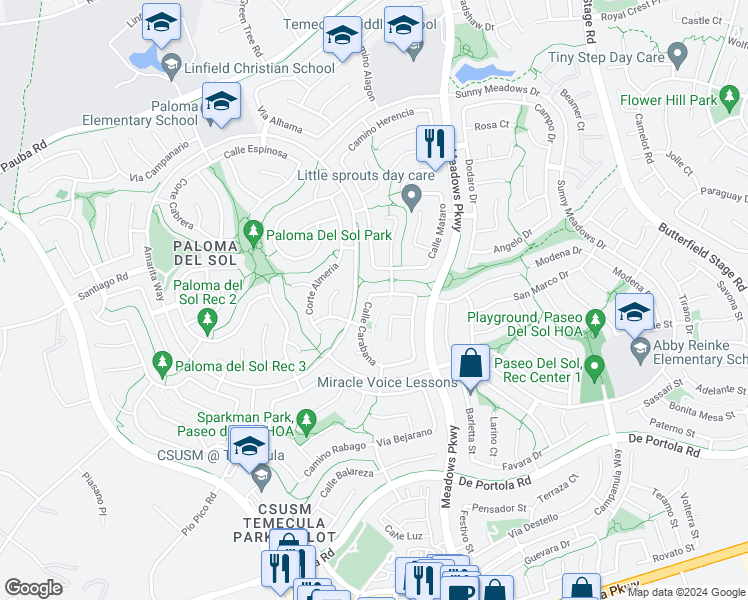 map of restaurants, bars, coffee shops, grocery stores, and more near 32131 Vía Bande in Temecula