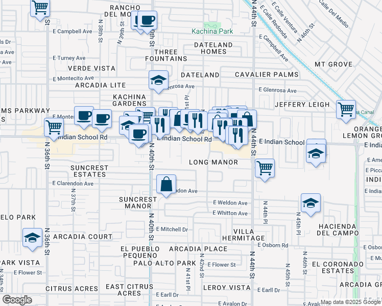 map of restaurants, bars, coffee shops, grocery stores, and more near 4127 East Indian School Road in Phoenix