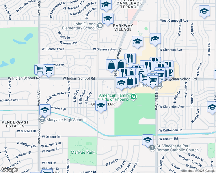 map of restaurants, bars, coffee shops, grocery stores, and more near 5421 West Indian School Road in Phoenix