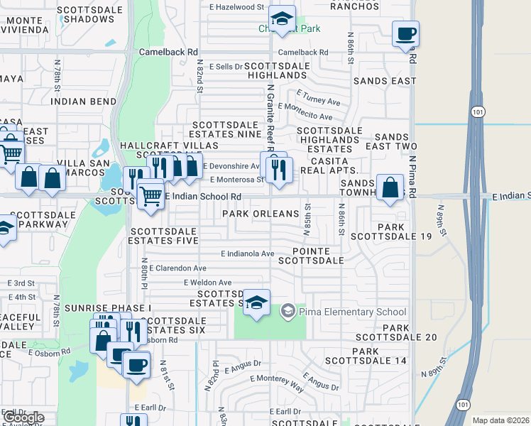 map of restaurants, bars, coffee shops, grocery stores, and more near 8402 East Piccadilly Road in Scottsdale