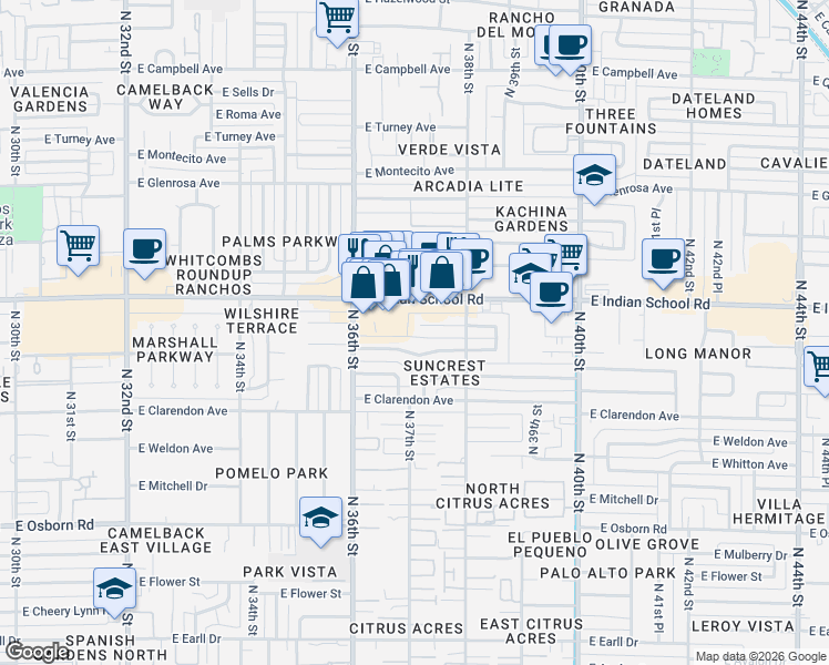 map of restaurants, bars, coffee shops, grocery stores, and more near 3652 East Piccadilly Road in Phoenix