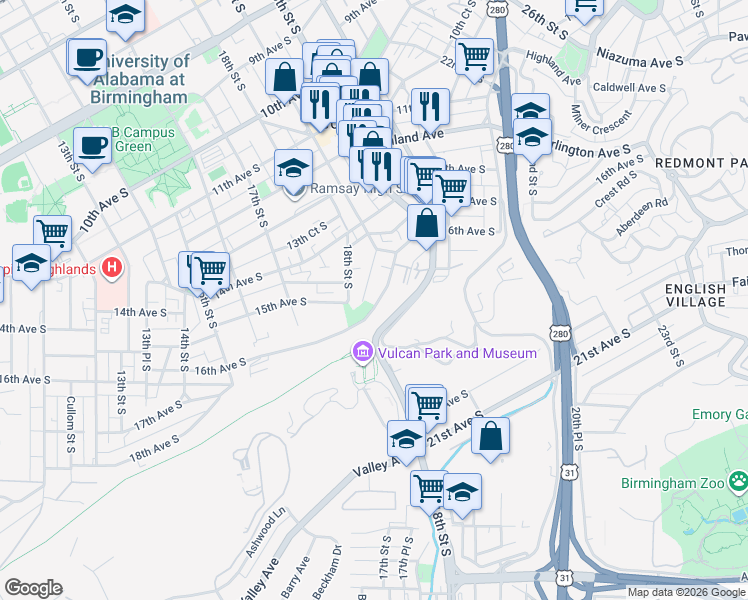 map of restaurants, bars, coffee shops, grocery stores, and more near 1840 16th Avenue South in Birmingham