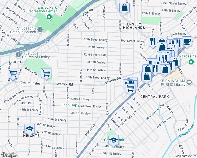 map of restaurants, bars, coffee shops, grocery stores, and more near 1607 35th Street Ensley in Birmingham