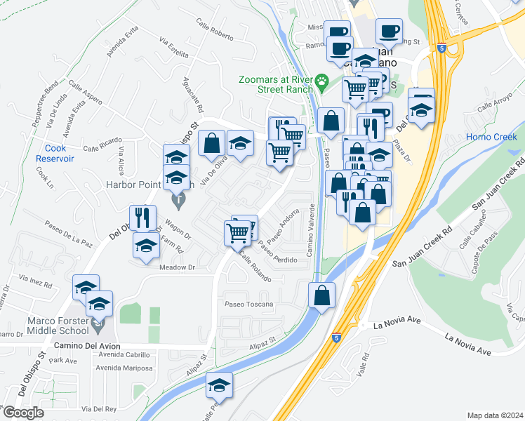 map of restaurants, bars, coffee shops, grocery stores, and more near 32287 Alipaz Street in San Juan Capistrano