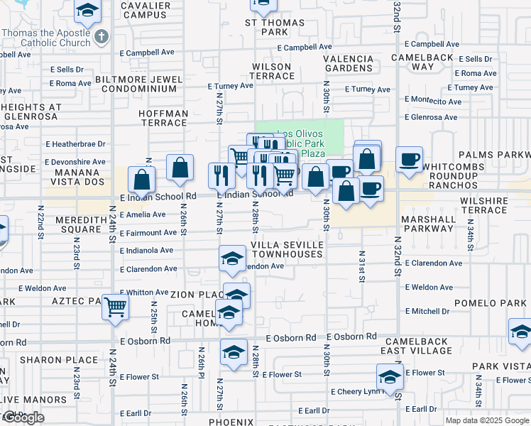 map of restaurants, bars, coffee shops, grocery stores, and more near 2746 East Fairmount Avenue in Phoenix