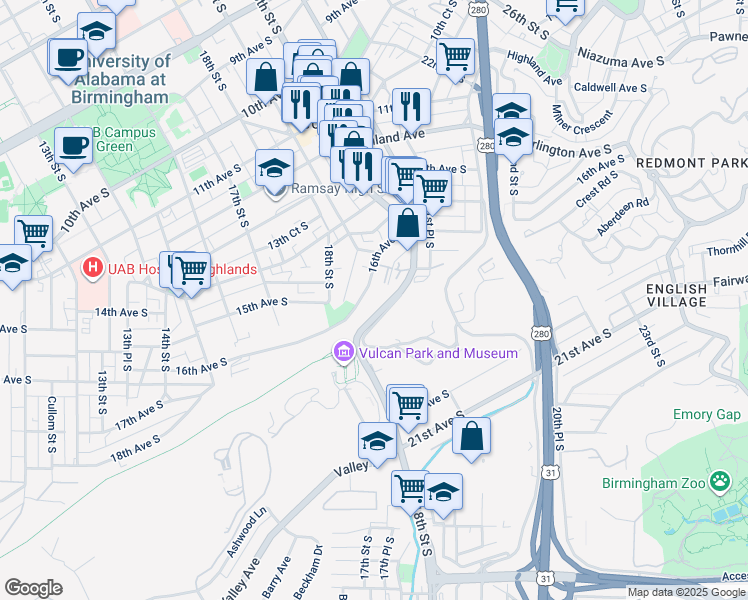 map of restaurants, bars, coffee shops, grocery stores, and more near 1842 Richard Arrington Jr Blvd S in Birmingham