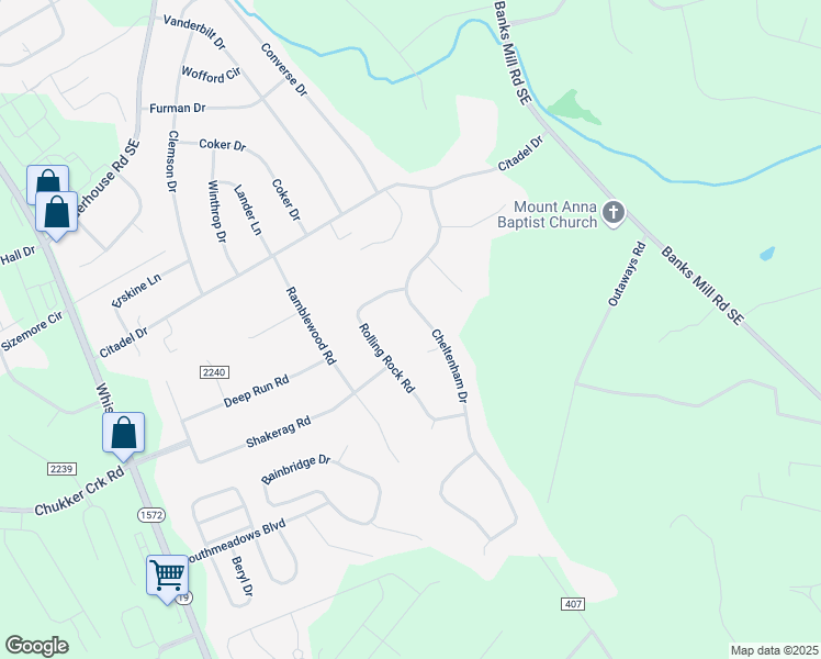 map of restaurants, bars, coffee shops, grocery stores, and more near 153 Rolling Rock Road in Aiken