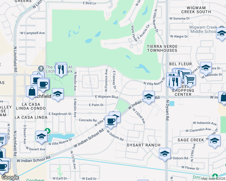 map of restaurants, bars, coffee shops, grocery stores, and more near 681 East Fairway Drive in Litchfield Park