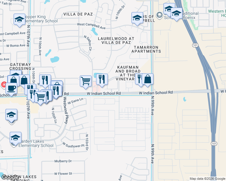 map of restaurants, bars, coffee shops, grocery stores, and more near 10030 West Indian School Road in Phoenix