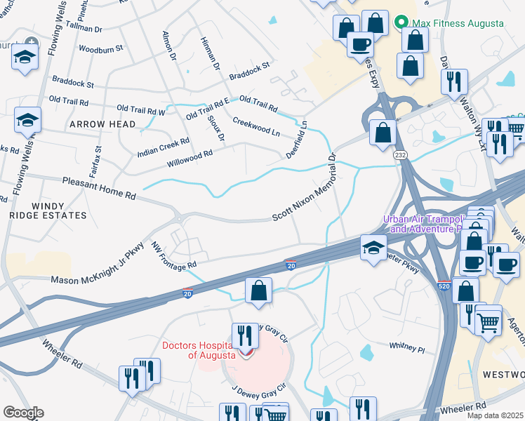 map of restaurants, bars, coffee shops, grocery stores, and more near 31 Scott Nixon Memorial Drive in Augusta