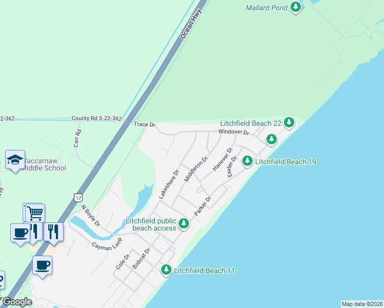 map of restaurants, bars, coffee shops, grocery stores, and more near 428 Lakeshore Drive in Pawleys Island