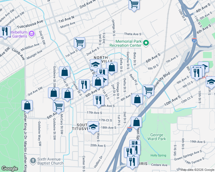 map of restaurants, bars, coffee shops, grocery stores, and more near 104 7th Avenue South in Birmingham