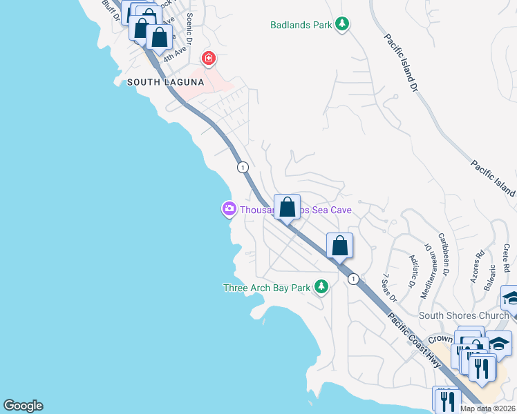 map of restaurants, bars, coffee shops, grocery stores, and more near 37 North La Senda Drive in Laguna Beach