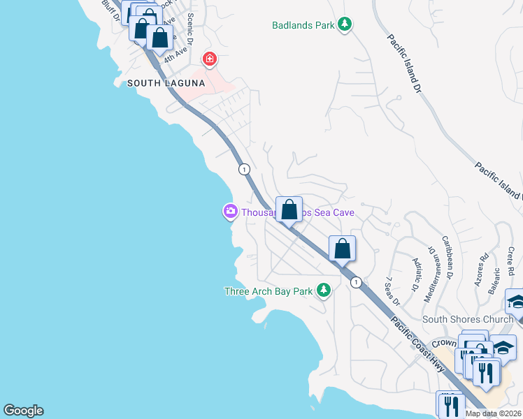 map of restaurants, bars, coffee shops, grocery stores, and more near 52 North Portola in Laguna Beach