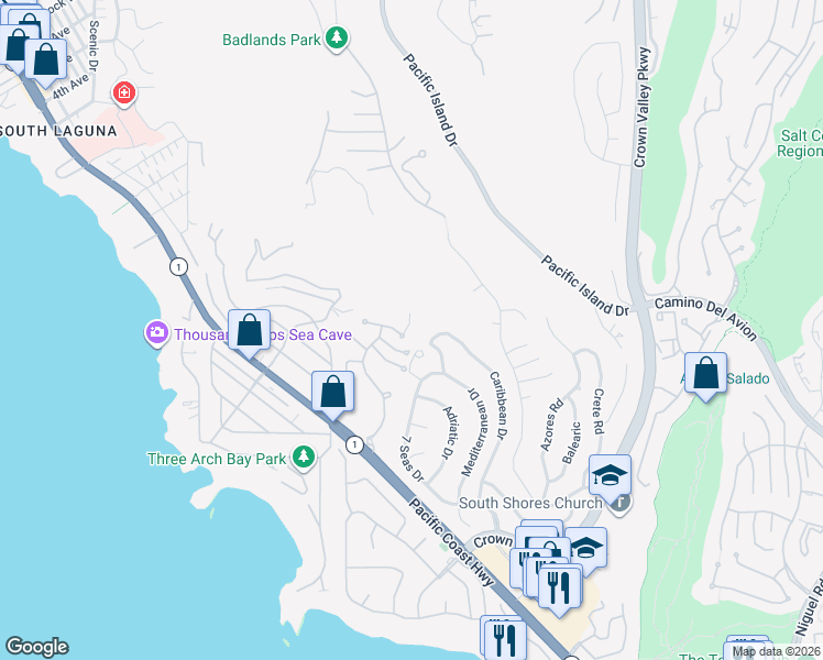 map of restaurants, bars, coffee shops, grocery stores, and more near 22911 Via Orvieto in Dana Point