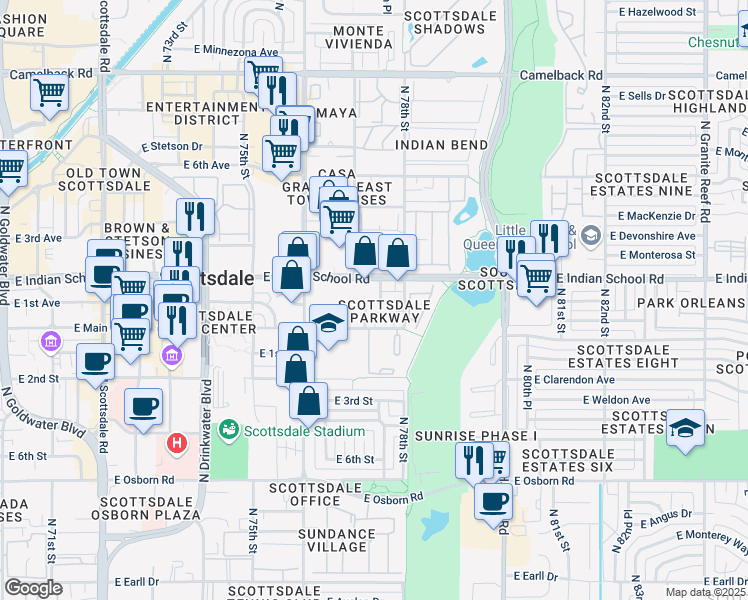 map of restaurants, bars, coffee shops, grocery stores, and more near 4022 North Parkway Avenue in Scottsdale