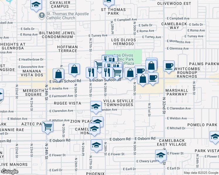 map of restaurants, bars, coffee shops, grocery stores, and more near 2746 East Fairmount Avenue in Phoenix