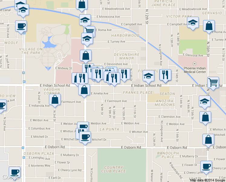 map of restaurants, bars, coffee shops, grocery stores, and more near 1011 East Amelia Avenue in Phoenix