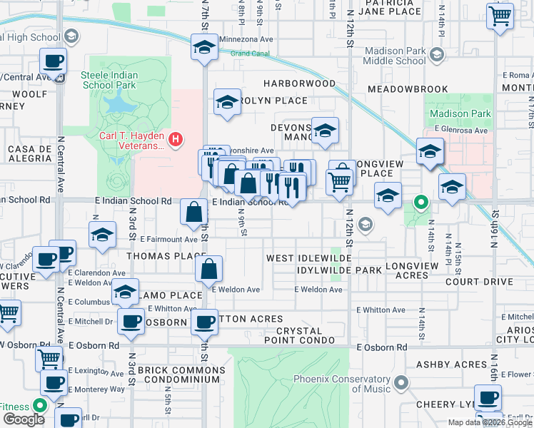 map of restaurants, bars, coffee shops, grocery stores, and more near 907 East Amelia Avenue in Phoenix