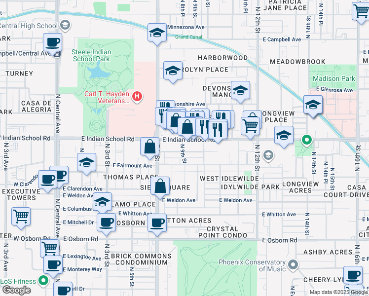 map of restaurants, bars, coffee shops, grocery stores, and more near 907 East Amelia Avenue in Phoenix
