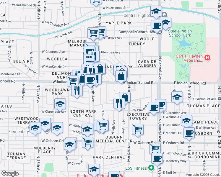 map of restaurants, bars, coffee shops, grocery stores, and more near 611 West Indian School Road in Phoenix