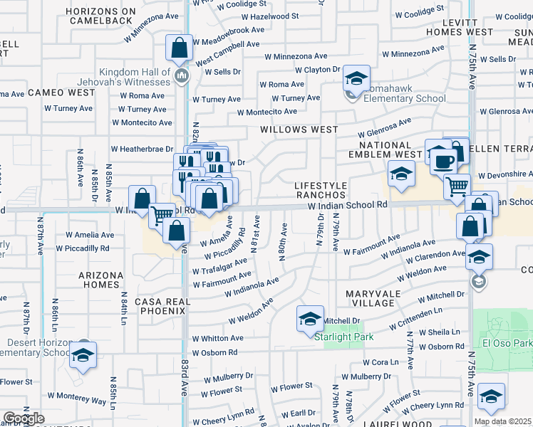 map of restaurants, bars, coffee shops, grocery stores, and more near 4052 North 80th Drive in Phoenix