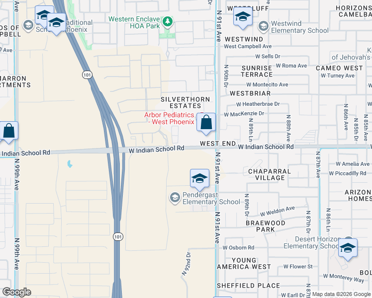 map of restaurants, bars, coffee shops, grocery stores, and more near 9257-9291 W Indian School Rd in Phoenix