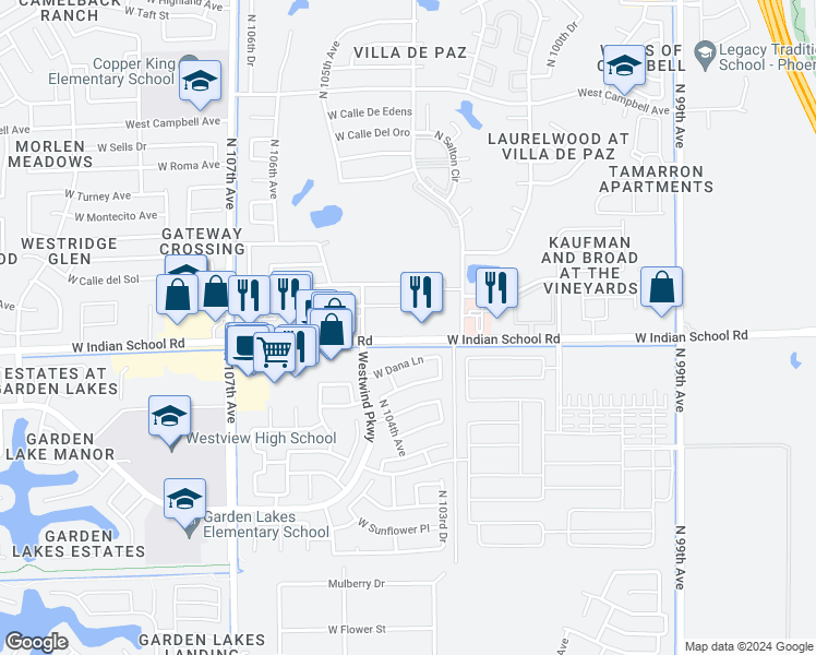 map of restaurants, bars, coffee shops, grocery stores, and more near 10358 West Dana Lane in Avondale