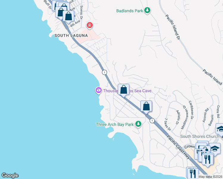 map of restaurants, bars, coffee shops, grocery stores, and more near 37 North La Senda Drive in Laguna Beach