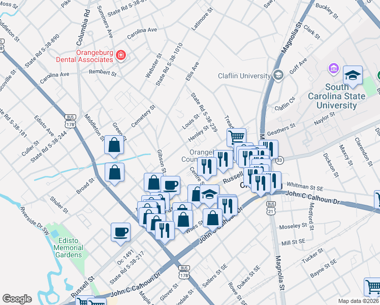 map of restaurants, bars, coffee shops, grocery stores, and more near 1469 Amelia Street in Orangeburg