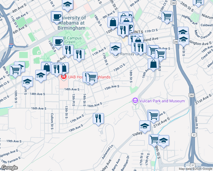 map of restaurants, bars, coffee shops, grocery stores, and more near 1529 15th Avenue South in Birmingham