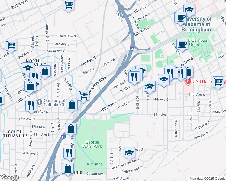 map of restaurants, bars, coffee shops, grocery stores, and more near 600 9th Court South in Birmingham