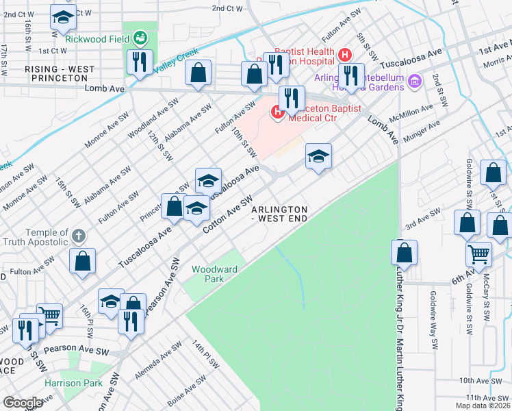 map of restaurants, bars, coffee shops, grocery stores, and more near 830 11th Street Southwest in Birmingham
