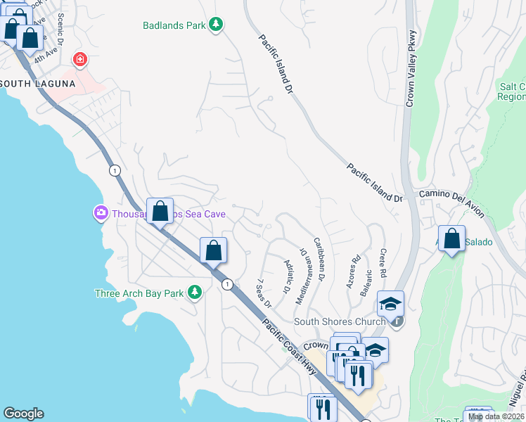 map of restaurants, bars, coffee shops, grocery stores, and more near 22911 Via Orvieto in Dana Point