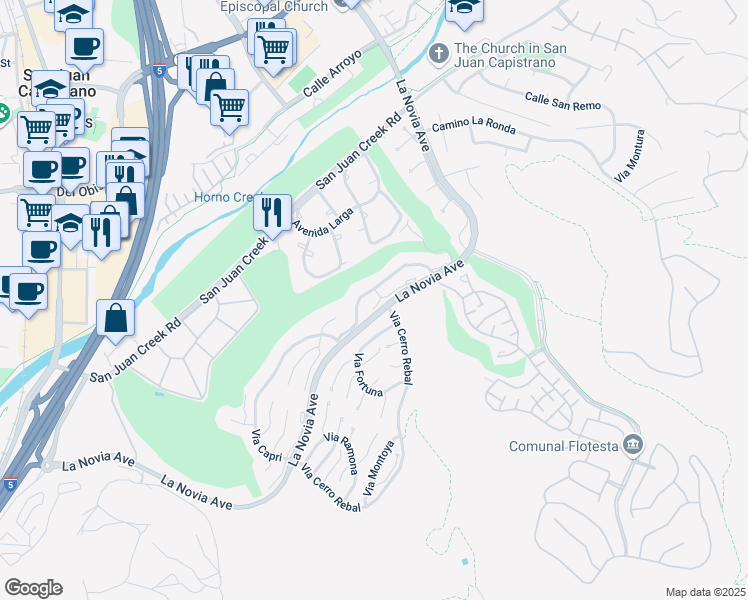 map of restaurants, bars, coffee shops, grocery stores, and more near 27563 Paseo Tamara in San Juan Capistrano