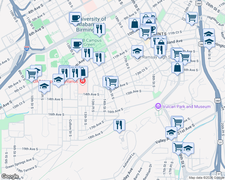 map of restaurants, bars, coffee shops, grocery stores, and more near 1500 15th Avenue South in Birmingham