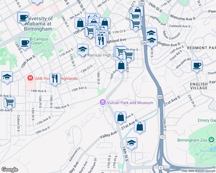 map of restaurants, bars, coffee shops, grocery stores, and more near 1843 16th Avenue South in Birmingham