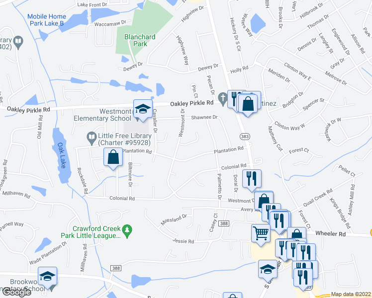 map of restaurants, bars, coffee shops, grocery stores, and more near 4521 Plantation Road in Martinez