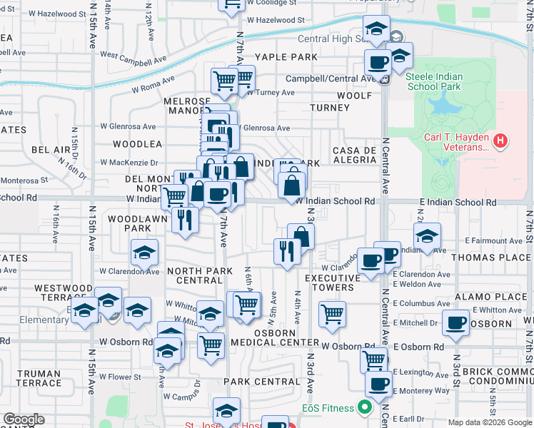 map of restaurants, bars, coffee shops, grocery stores, and more near 611 West Indian School Road in Phoenix