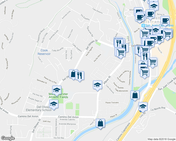 map of restaurants, bars, coffee shops, grocery stores, and more near 32222 Del Obispo Street in San Juan Capistrano