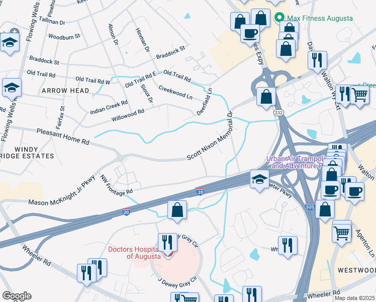 map of restaurants, bars, coffee shops, grocery stores, and more near 31 Scott Nixon Memorial Drive in Augusta