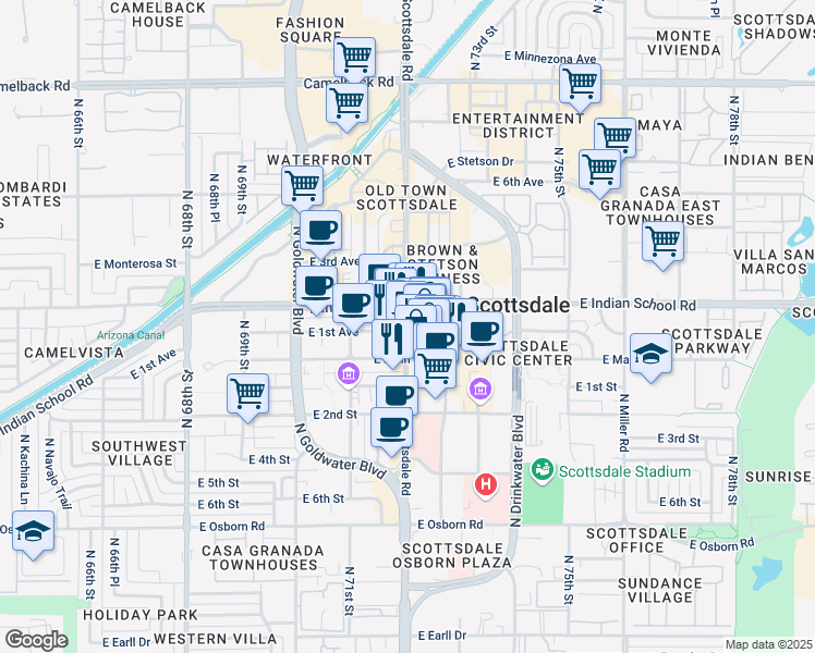map of restaurants, bars, coffee shops, grocery stores, and more near in Scottsdale