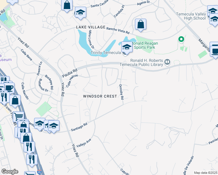 map of restaurants, bars, coffee shops, grocery stores, and more near 30602 Colina Verde Street in Temecula